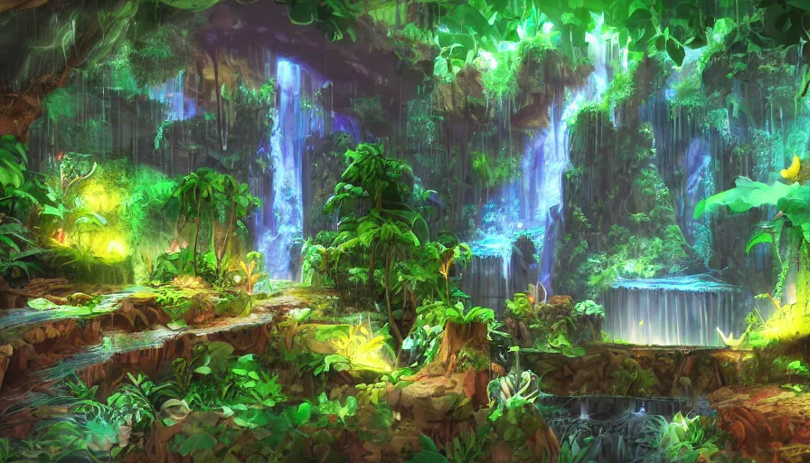 Image similar to concept art of underground jungle cave with waterfalls, luminescent plants, colorful, high detailed, ultra realistic