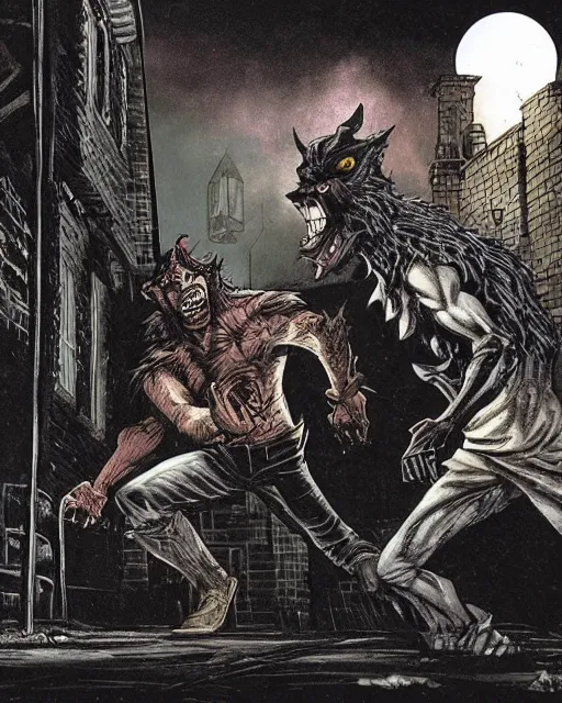 Prompt: a werewolf fighting a vampire in a dark brisbane alley, hd concept art by ron spencer and jean giraud and richard borden.