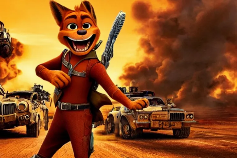 Image similar to nick wilde, heavily armed and armored facing down armageddon in a dark and gritty reboot from the makers of mad max : fury road