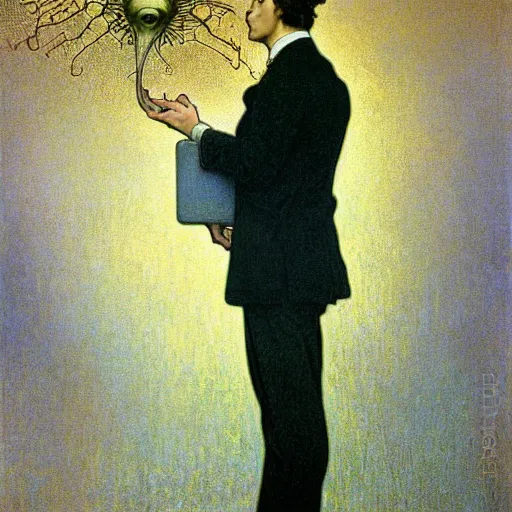 Image similar to realistic extremely detailed portrait painting of. an average. man with his. briefcase .in his. left hand . by Jean Delville, Amano, Yves Tanguy, Alphonse Mucha, Ernst Haeckel, Edward Robert Hughes, Roger Dean, pale muted pastel moody colors, gold eyes