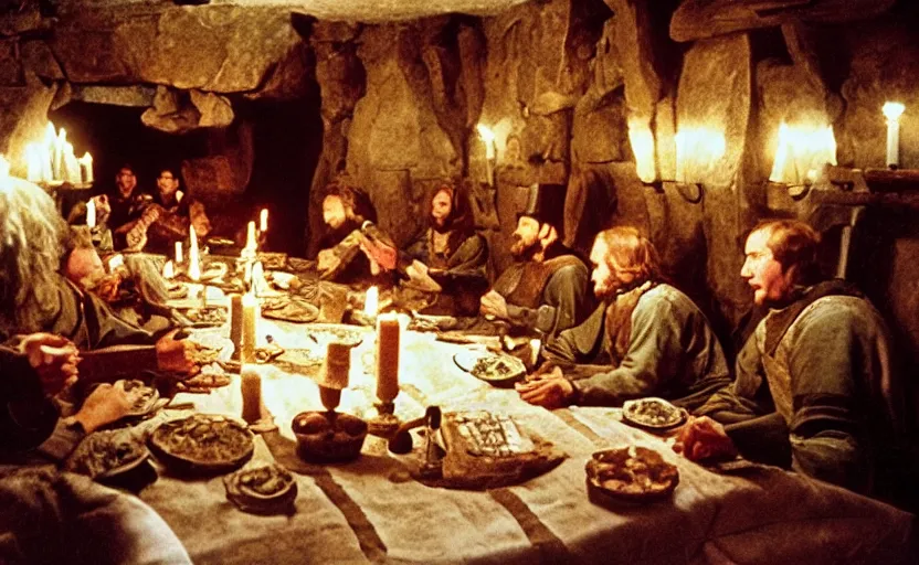 Prompt: Medieval soldiers in a Tavern sitting around a big dinner table with candles in the shining by stanley kubrick, shot by 35mm film color photography