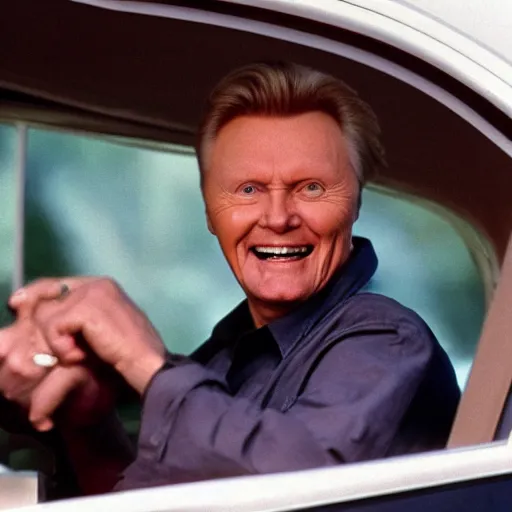 Image similar to john voight is sitting in a van, door open, looking at camera and smiling, he holds up his arms, showing his handcuffs