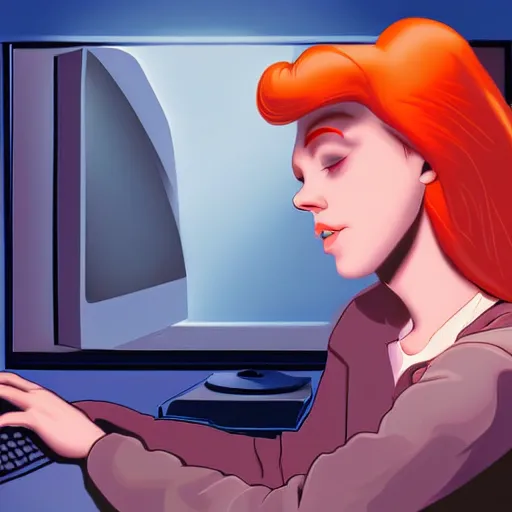 Prompt: skinny nerd man in a dark room in front of a glowing crt monitor with a picture of a beautiful redhead woman, disney art, closeup on the crt screen