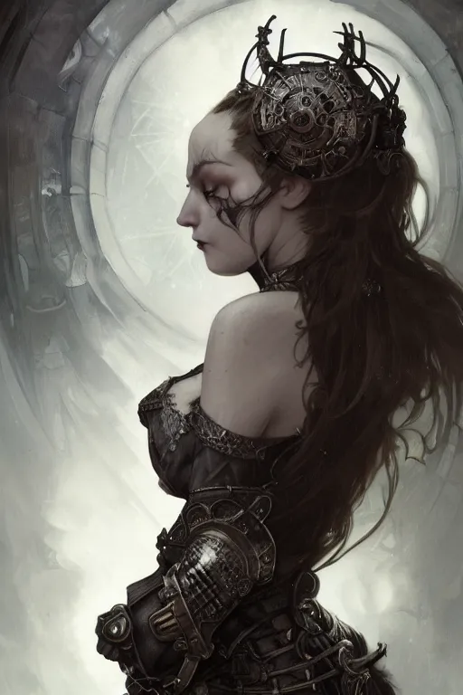 Image similar to beautiful and gothic and evil and dieselpunk young medieval female knight portrait +smoky eyes+front face with light flowing hair, ultradetail face, art and illustration by tian zi and craig mullins and WLOP and alphonse mucha, fantasy, intricate complexity, human structure, human anatomy, fantasy character concept, watermark, blurry, hyperrealism 8k