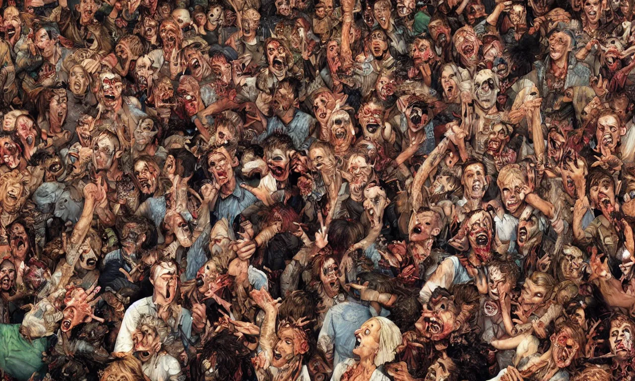 Image similar to a detailed digital art portait of undead backwoods rednecks in a mosh pit, art by norman rockwell, pixar style