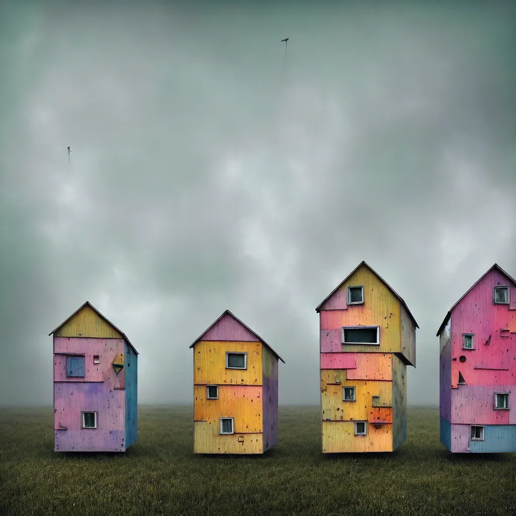 Prompt: gediminas pranckevicius close - up view of two symmetrical suspended towers made up of colourful makeshift squatter shacks, faded colours, uniform off - white sky, dystopia, hasselblad x 1 d, very detailed, photographed by cristina de middel