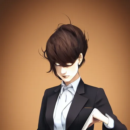 Image similar to woman in black business suit, chill, light brown neat hair, pixiv, fanbox, trending on artstation, portrait, digital art, modern, sleek, highly detailed, formal, determined, blue tie, lawyer, colorized, smooth, charming, pretty, briefcase, safe for work