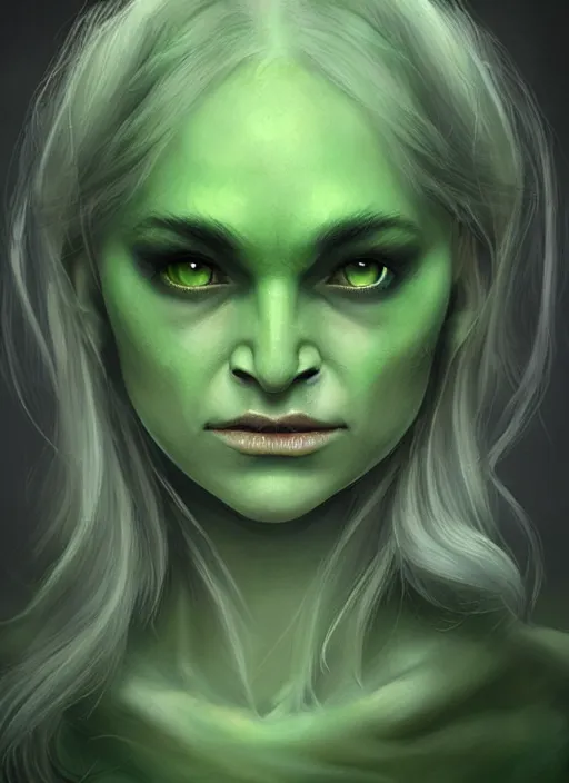 Image similar to green orc female, light green tone beautiful face by anton semenov, charlie bowater