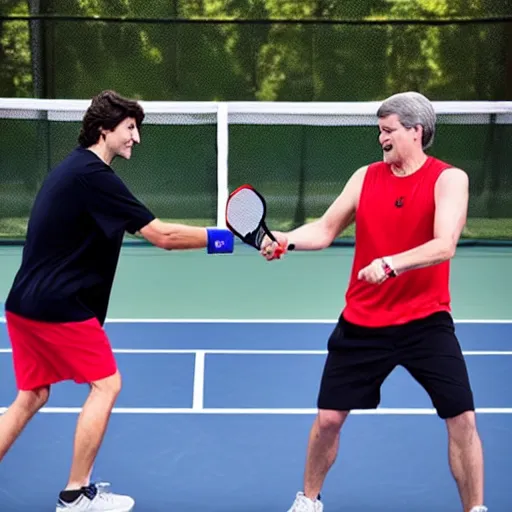 Image similar to justin trudeau facing off against stephen harper in a game of pickleball, photo, 8 k