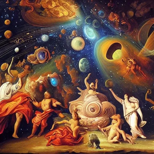 Prompt: life in the cosmos, detailed baroque oil painting