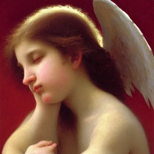 Image similar to Angel crying on top of a red ocean cube, oil painting by William-Adolphe Bouguereau