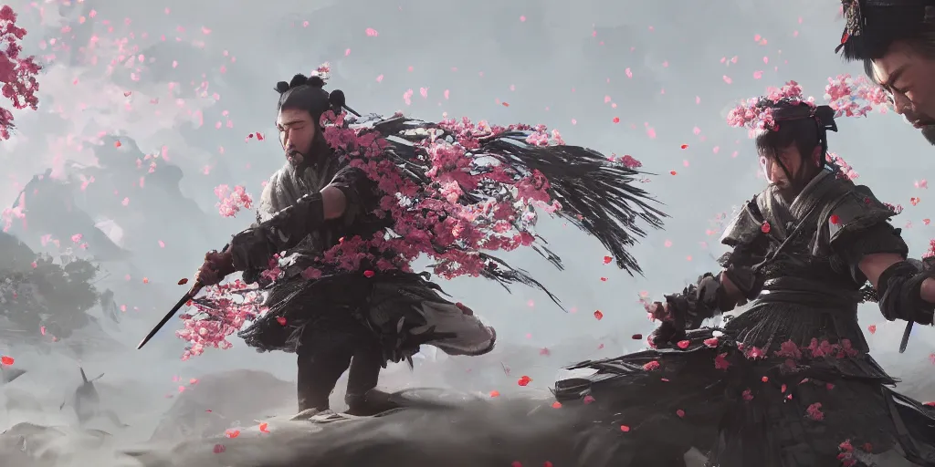 Prompt: an environmental concept art of ghost of tsushima, samurai duel, sakura petals blowing in the wind, highly detailed, directional light, cinematic by francis tneh