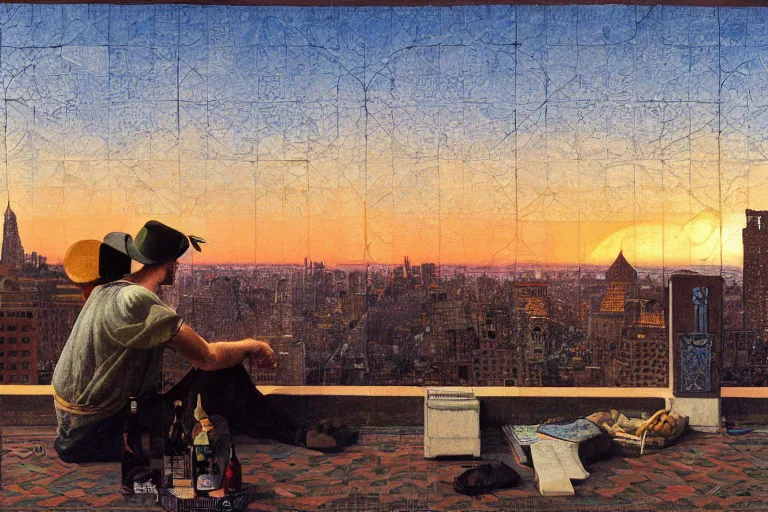 Image similar to painting of a diskjockey in a rooftop, watching new york, beautiful, sunset, romantic, by ludwig deutsch and maxfield parrish, patterned tilework, extremely detailed, cinematic lighting, smooth sharp focus