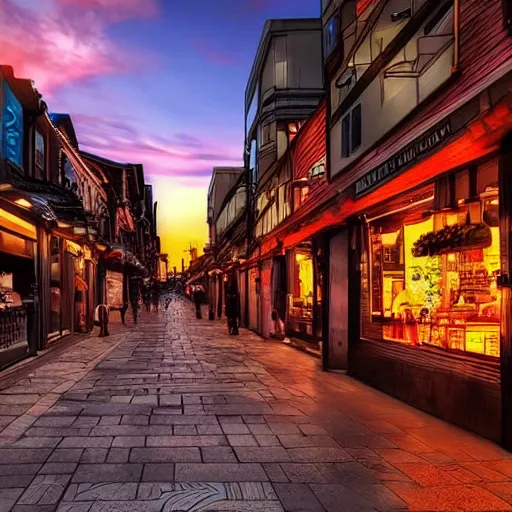 Image similar to beautiful anime scenery, city street at dusk