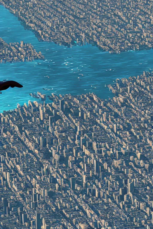 Image similar to ” marine life flying around a huge city, overdetailed image, ultra realistic, 8 k ”