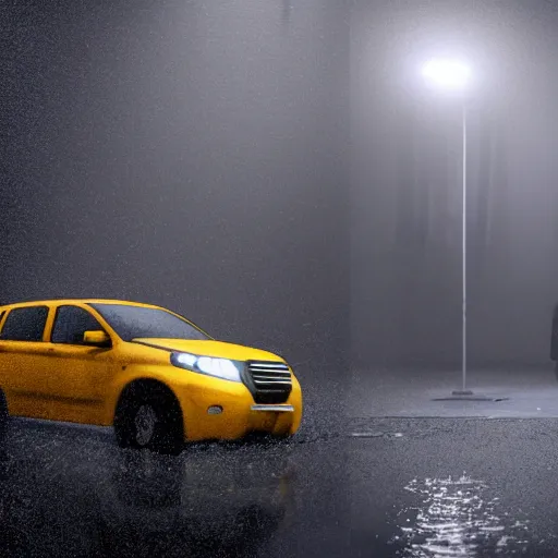 Prompt: a photo of heavy rain on a man sitting on a car in a sunken city, outdoor lighting, dynamic lighting, volumetric, wide angle, anamorphic lens, go pro, 4k