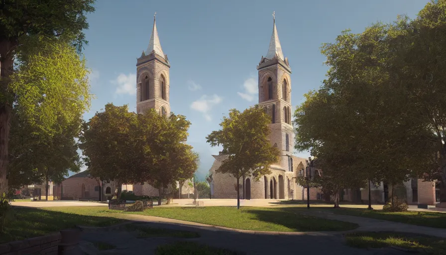 Prompt: small midwest town, square, trees, church, sunny day, volumetric light, realistic, hyperdetailed, artstation, cgsociety, 8 k