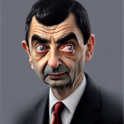 Image similar to hyper realistic, close up portrait of mr. bean by greg rutkowski, scott m fischer, artgerm, loish, slight glow, atmospheric