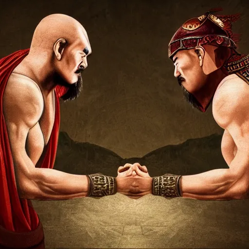 Prompt: Genghis Khan and Scipio Africanus having an arm wrestle, concept art, digital art, 8k photography, cinematic