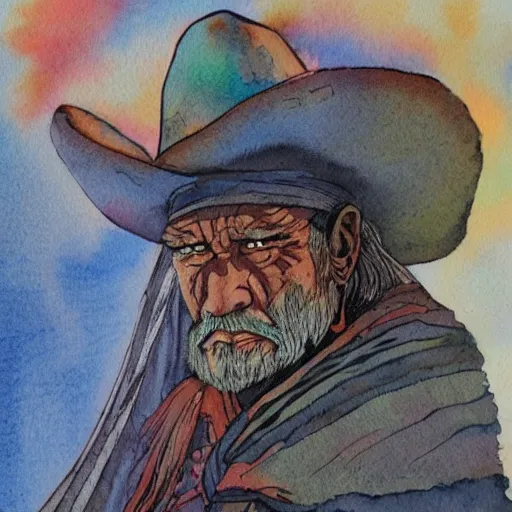 Image similar to a 3 / 4 view watercolor ink painting of old shaman and american man near, old mexican magician closes eyes, gray haired, in the style of jean giraud in the style of moebius trending on artstation deviantart pinterest detailed realistic hd 8 k high resolution