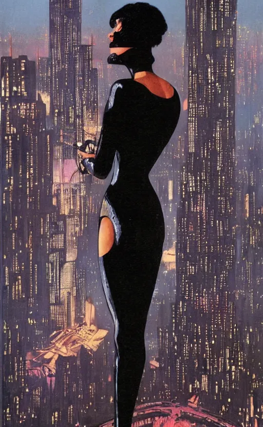 Image similar to an elegant Black woman in dress and heels, her back is to us, looking at a futuristic Blade Runner city, by Robert McGinnis.