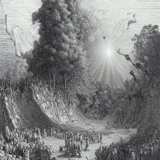 Prompt: the earthly paradise, gustave dore engraving