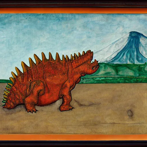 Image similar to painting of an ankylosaurus watching an erupting volcano in the style of egon schiele