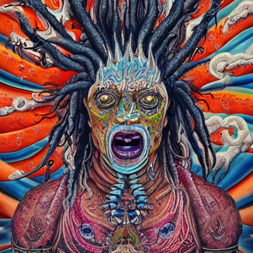 Prompt: a hyper-detailed painting with high details and textures of a psychedelic demon with dreadlocks horns and several eyes, he is in a meditation position and has an open third eye and mystical spiritual powers