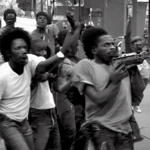 Prompt: film still, black rioters, in Los Angeles 1992 Riots