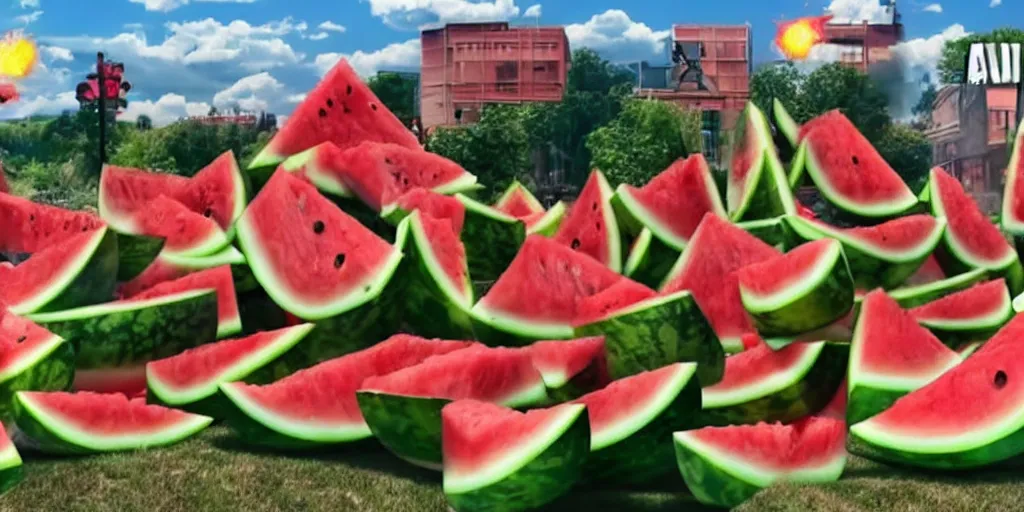 Image similar to YouTube thumbnail about giant watermelon rampage town