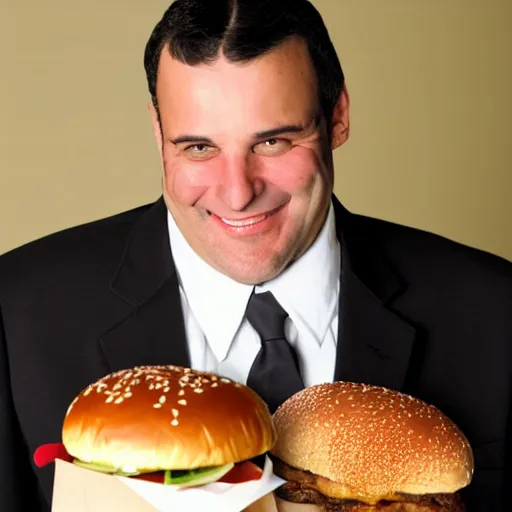 Prompt: clean - shaven smiling white chubby italian american man in his 4 0 s wearing a brown long overcoat and necktie holding a giant burger, 2 0 0 0 avertising promo shot