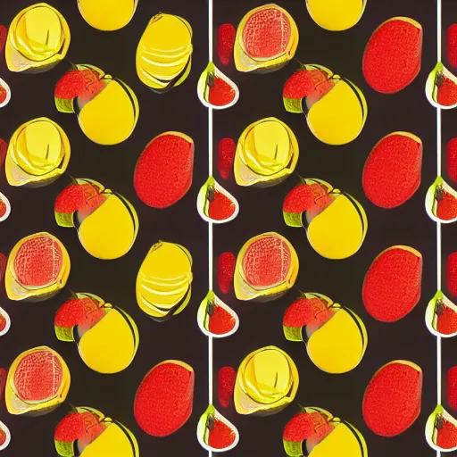 Prompt: repeating wallpaper pattern of fruit. Cinematic, volumetric lighting. Scene from 1971 film Willy Wonka & the Chocolate Factory