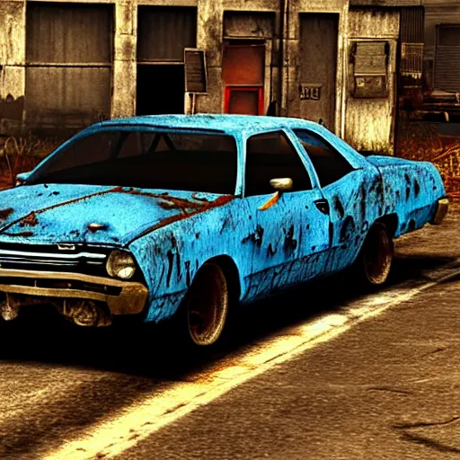 Image similar to A screenshot of a rusty, worn out, broken down, decrepit, run down, dingy, faded, chipped paint, tattered, beater 1976 Denim Blue Dodge Aspen in FlatOut 2, derby game mode