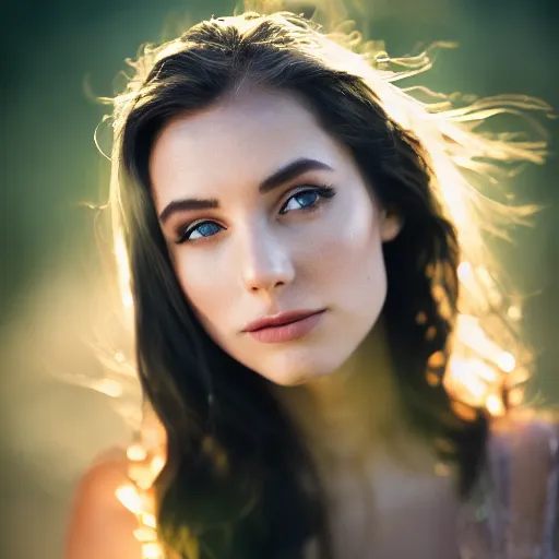 Prompt: outdoor portrait of a very beautiful young woman with gorgeous eyes, high cheek bones, flowing hair, lens flare, light bleed, glow filter, dramatic lighting, 5 0 mm f 1. 2, fuji 4 0 0 h