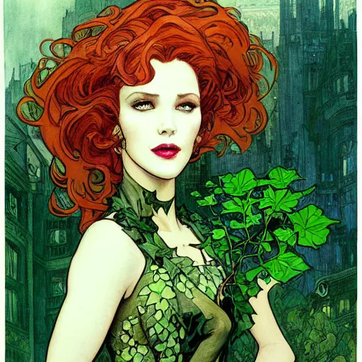 Prompt: a beautiful painting of poison ivy dressed as a lawyer in the big city, dark eyeliner, intricate, elegant, highly detailed, digital painting, artstation, concept art, matte, sharp focus, illustration, art by rebecca guay and by arthur rackham and by alphonse mucha and by john william waterhouse