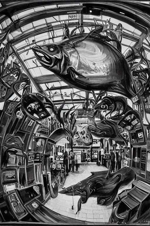 Image similar to the museum of everything, in the style of Robert McCall and Liz Danforth,trending on artstation, expensive lighting fish eye,creature concept art,black and white,oil and canvas ,in the silver hour,hyperrealism,