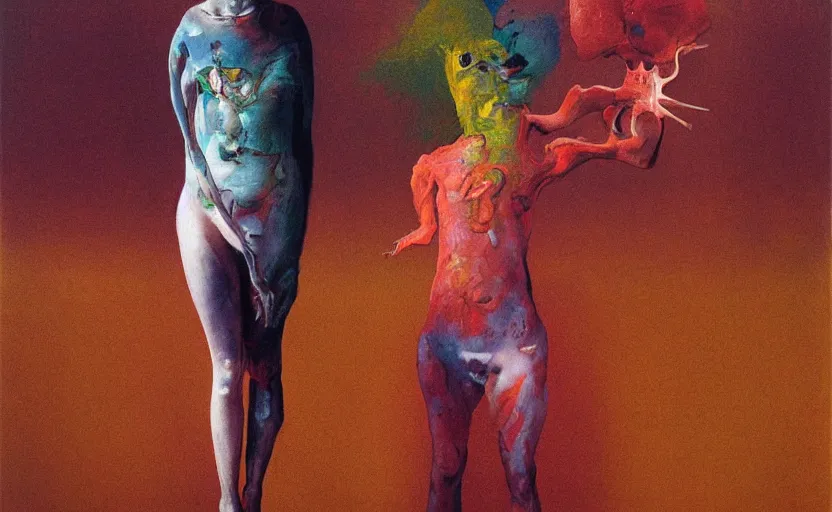 Prompt: in the foreground is a girl at full height with a bottle in her hand, blurred, grotesque, doomed, neural acrylic paint, high resolution, gouache on canvas, ultra detailed, vibrant colors, grotesque, wrapped thermal background, art by francis bacon, beksinski painting