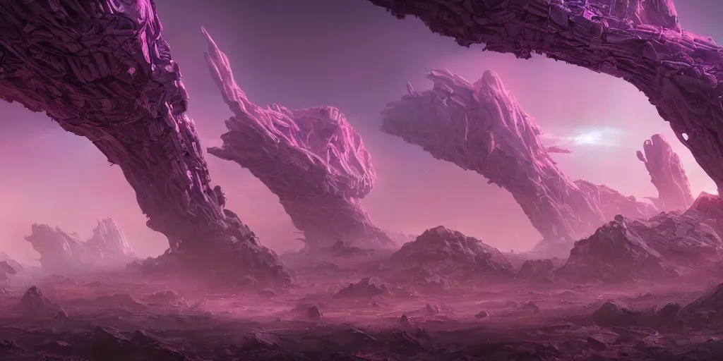 Prompt: alien landscape, ruined alien structures, glowing purple, beautiful, solarpunk, trending on artstation, 8 k, high detail, by shrimbly flingleston