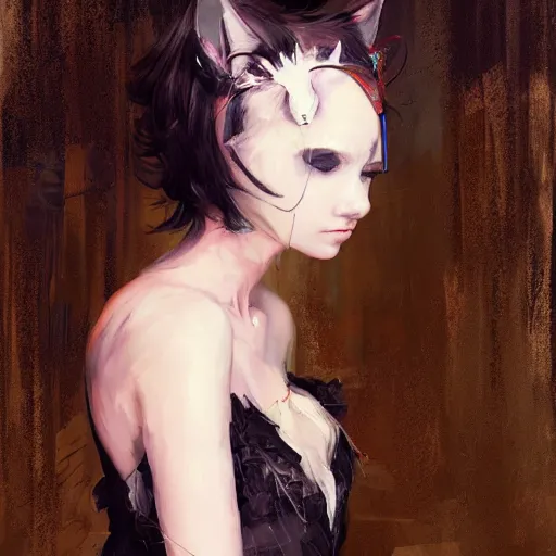 Prompt: a girl with cat ears wearing a black lace dress and thigh highs walking in an abandoned factory, digital art, beautiful face, expressive oil painting, by yoshitaka amano, by artgerm, by jeremy lipking, volumetrics, mood