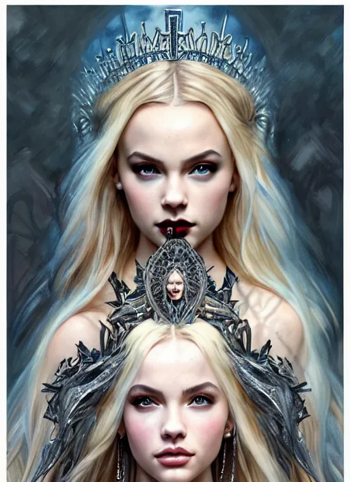 Image similar to ultra realistic illustration, a stunningly beautiful greek gothic goddess of chaos played by jordyn jones and dove cameron and margot robbie and taylor swift and megan fox, intricate, elegant, highly detailed, digital painting, artstation, concept art, smooth, sharp focus, illustration, art by artgerm and greg rutkowski and alphonse mucha