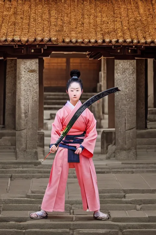 Image similar to highly detailed beautiful photo of a young female samurai, practising sword stances in a ancient temple, symmetrical face, beautiful eyes, realistic anime art style, 8 k, award winning photo, pastels, action photography, 1 / 1 2 5 shutter speed, dramatic lighting