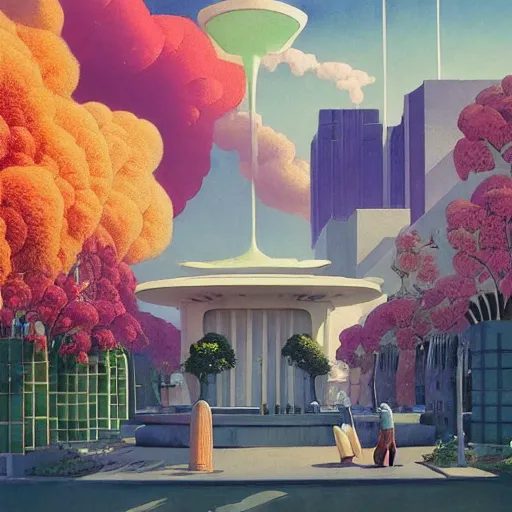 Image similar to a painting of an art deco building surrounded by flowers, a watercolor and matte painting by beeple and rhads and maxfield parrish, cgsociety, artdeco, dystopian art, sci - fi, artstation hq