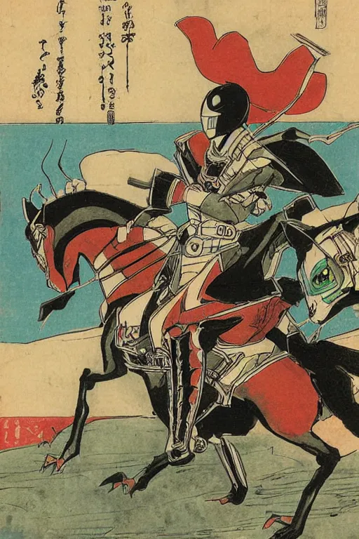 Prompt: kamen rider v 3 riding a horse, by kuniyoshi utakawa