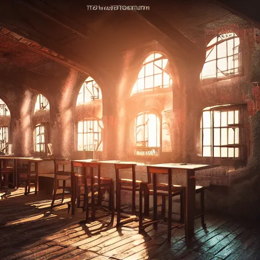 Image similar to ultra mega super hyper realistic Digital concept interior design of tavern in Cyberpunk style mixed with medieval style. Natural white sunlight from the transperient roof . Rendered in VRAY and DaVinci Resolve and MAXWELL and LUMION 3D, Volumetric natural light