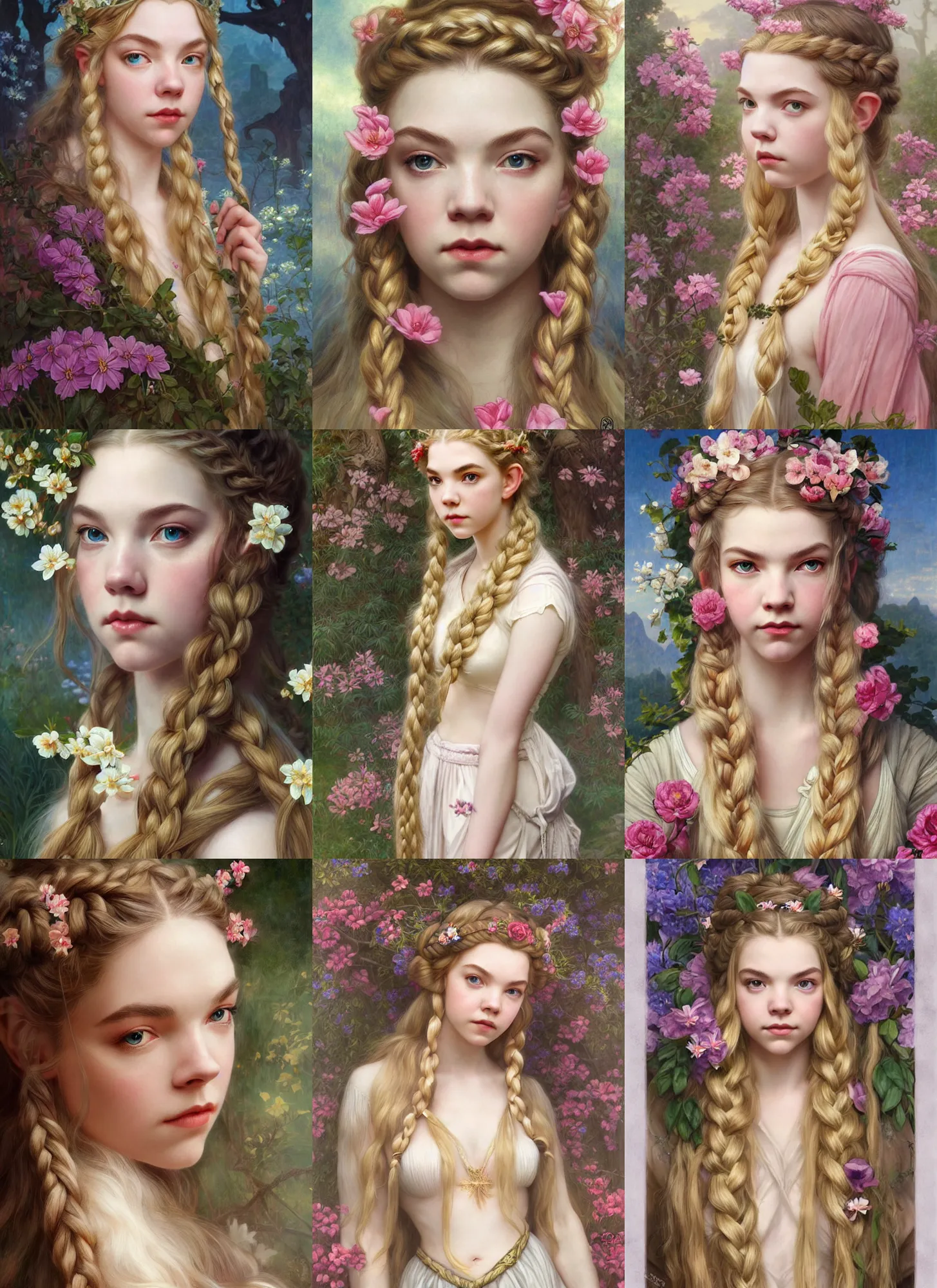 Prompt: portrait anya taylor-joy, beautiful elvish goddess with flowers in long blond braided hair, shining, 8k highly detailed, sharp focus, illustration, art by artgerm, mucha, bouguereau
