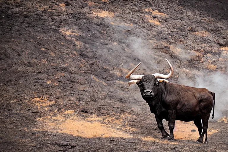Prompt: wildlife photography bull made of lava by Emmanuel Lubezki