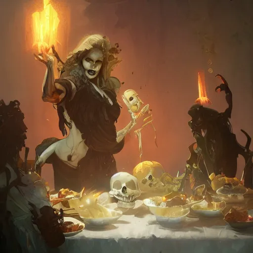 Prompt: A necromancer being served dinner by skeletons, digital painting, detailed, artstation, pixiv, Krenz Cushart, Greg Rutkowski, Alphonse Mucha, Artgerm