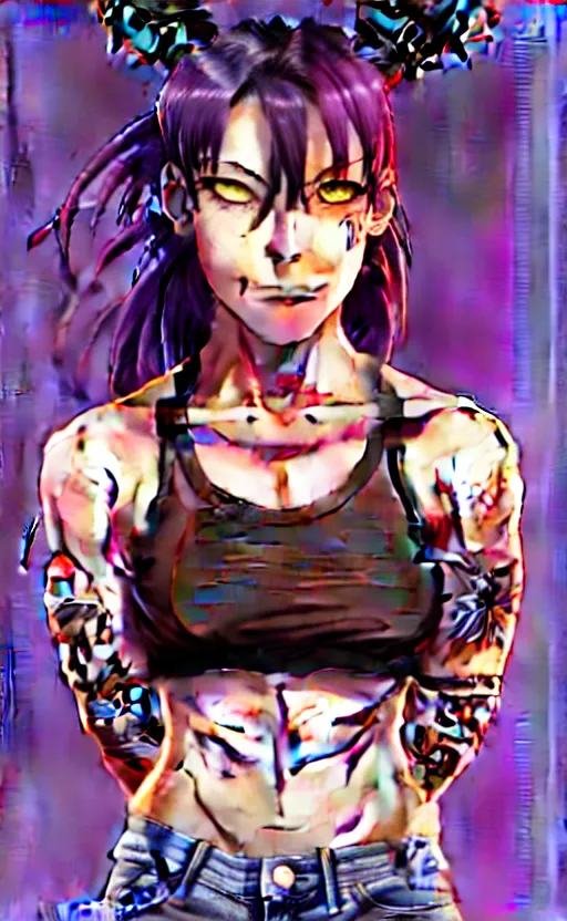 Image similar to a portrait of revy from black lagoon, dilraba dilmurarevy, smirk, black tank top, jean shorts, brown eyes, purple hair, tribal tattoos right arm sleeve, symmetrical eyes, symmetrical face, art by lois van baarle and loish and ross tran and rossdraws and sam yang and artgerm