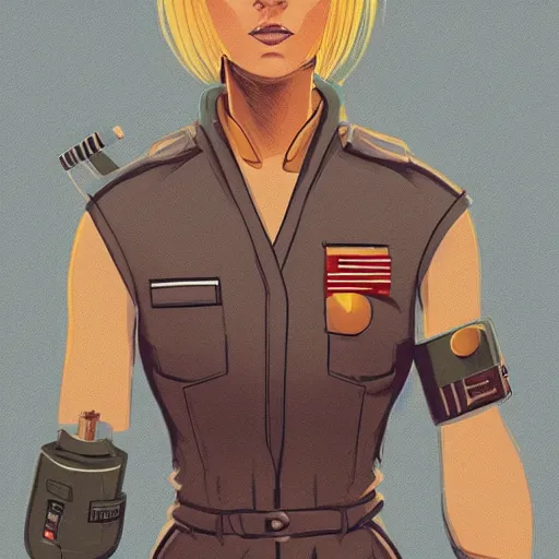 Image similar to character concept art of heroic stoic emotionless butch blond handsome woman engineer with very short slicked - back butch hair, narrow eyes, wearing atompunk jumpsuit, retrofuture, highly detailed, science fiction, illustration, pulp sci fi