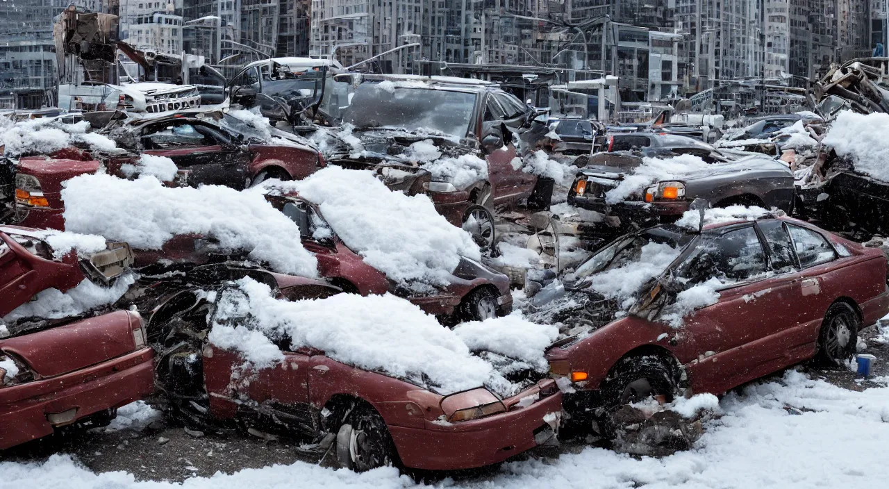 Image similar to Action shot of a 1993 brown nissan maxima crashing into two construction drums stacked on top of each other, the windshield is being smashed by the top construction drum, moment frozen in time, photo realistic, night, piles of old snow, photo realistic, depth of field, award winning, cinematic, color graded